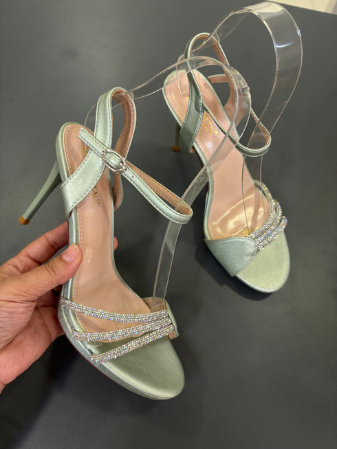 Women Ankle Strap Rhinestone Decor Open Toe Stilettos